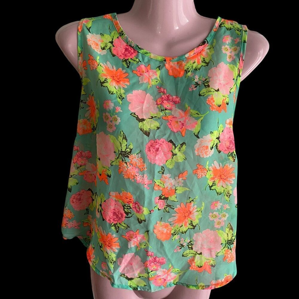 A'Gaci A'Gaci Tank Top Womens Large Green Floral Sleeveless Blouse Zipper Back